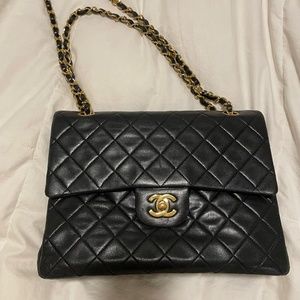 CHANEL 1990 Vintage Lambskin Quilted Medium Double Flap Black Handbag